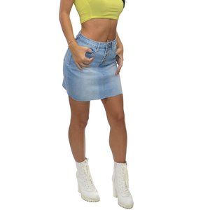 JUNIOR EXPOSED BUTTON FLY DENIM SKIRT - LT BLUE